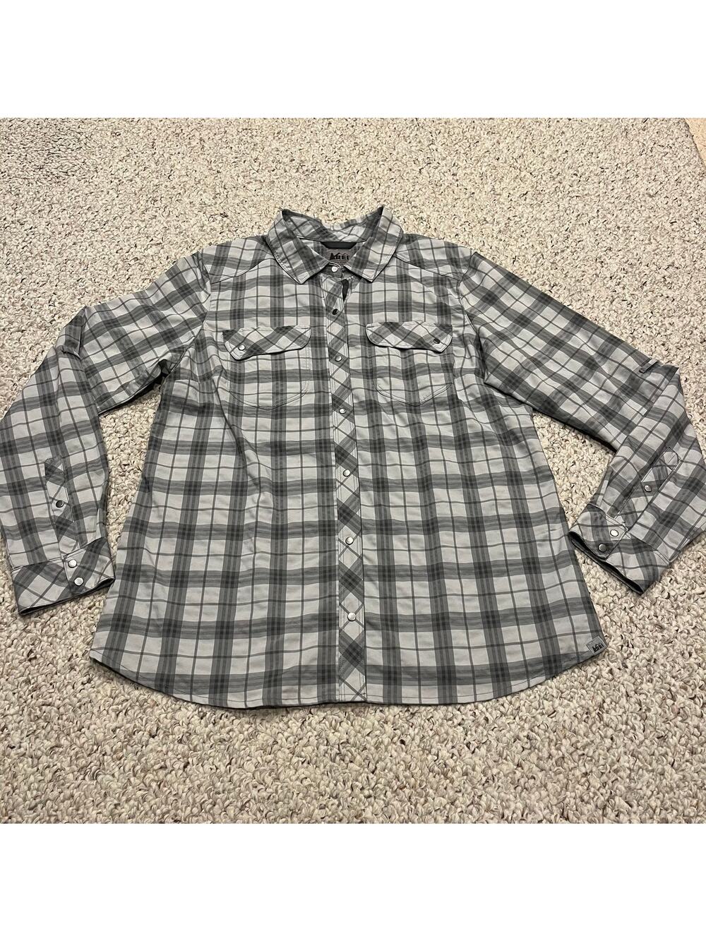 REI Northway Plaid Long Sleeve Snap Front Shirt Sz L Gray Outdoor Gorpcore Hike